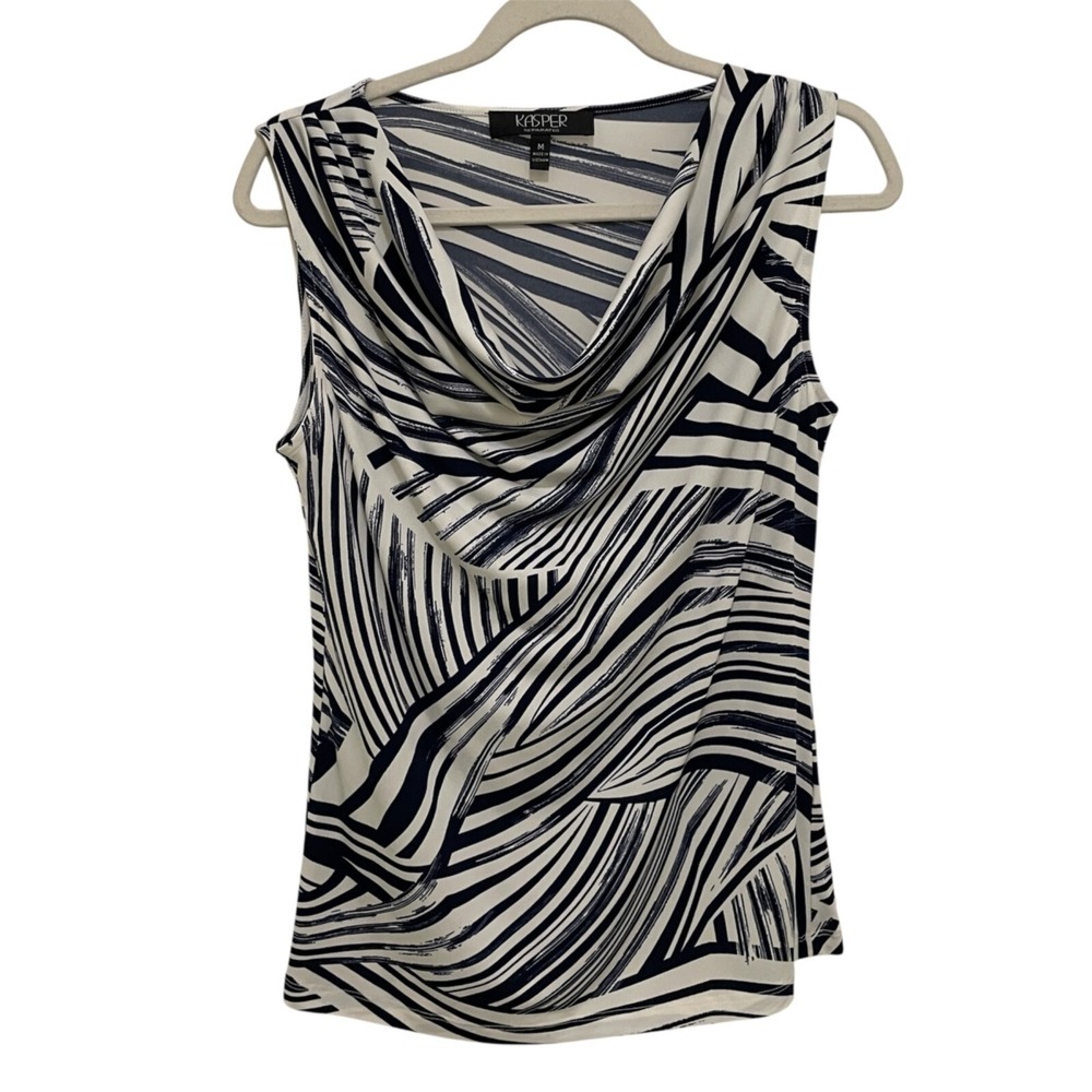 Kasper Separates Top Women M White Navy Abstract Cowl Neck Sleeveless